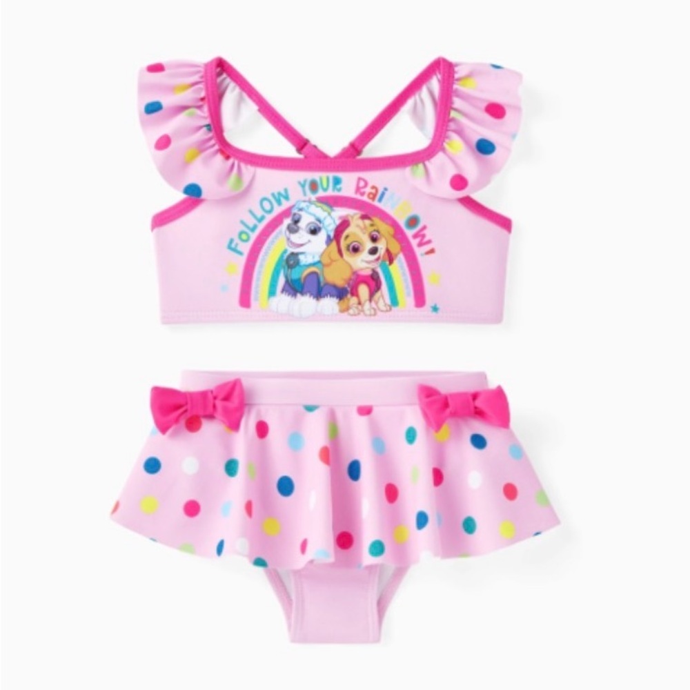 PAW Patrol 2pcs Skye and Everest Girl Ruffle Edge Pink Swimsuit, Size 5-6Y